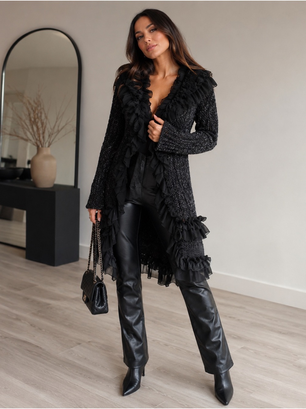 Pretty Angel Black Ruffle Trim Long Cardigan Sweater